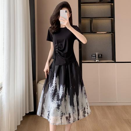 BY15338# 夏季新款大码女装套装裙子时尚胖MM显瘦新国风宽松型T恤两件套女服裝批發女裝批發服飾貨源