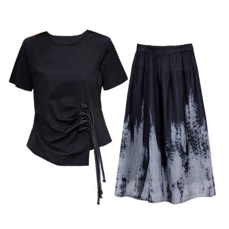 BY15338# 夏季新款大码女装套装裙子时尚胖MM显瘦新国风宽松型T恤两件套女服裝批發女裝批發服飾貨源