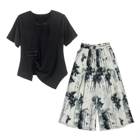 BY15339# 夏季新款套装短袖T恤上衣裤裙大码女装宽松型时尚显瘦国潮两件套服裝批發女裝批發服飾貨源
