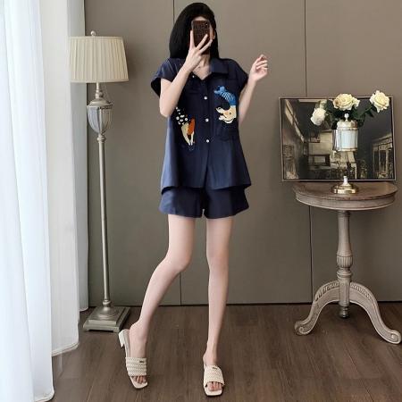 BY15340# 时尚气质刺绣套装女夏季新款欧洲站大码女装上衣短裤两件套服裝批發女裝批發服飾貨源