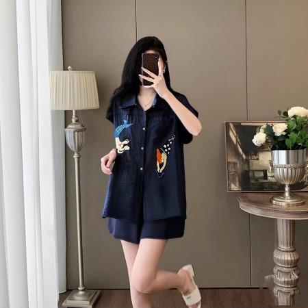 BY15340# 时尚气质刺绣套装女夏季新款欧洲站大码女装上衣短裤两件套服裝批發女裝批發服飾貨源