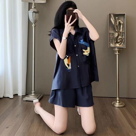 BY15340# 时尚气质刺绣套装女夏季新款欧洲站大码女装上衣短裤两件套服裝批發女裝批發服飾貨源