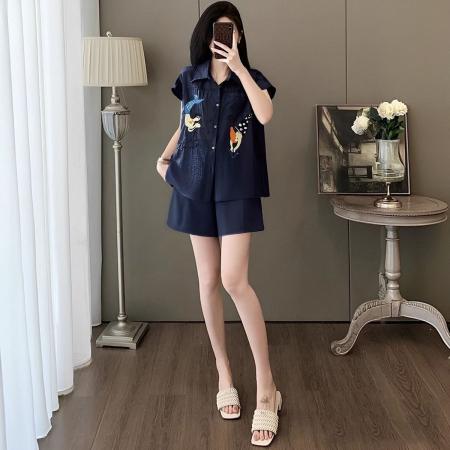 BY15340# 时尚气质刺绣套装女夏季新款欧洲站大码女装上衣短裤两件套服裝批發女裝批發服飾貨源
