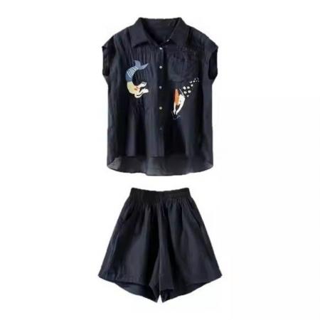 BY15340# 时尚气质刺绣套装女夏季新款欧洲站大码女装上衣短裤两件套服裝批發女裝批發服飾貨源