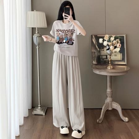 BY15342# 休闲运动套装女新款时尚洋气个性印花短袖棉麻阔腿裤两件套服裝批發女裝批發服飾貨源