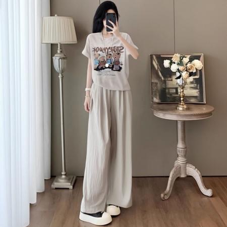 BY15342# 休闲运动套装女新款时尚洋气个性印花短袖棉麻阔腿裤两件套服裝批發女裝批發服飾貨源