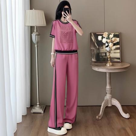 BY15345# 玫粉色时尚套装女夏新款设计感印花短袖时尚直筒裤穿搭一整套服裝批發女裝批發服飾貨源