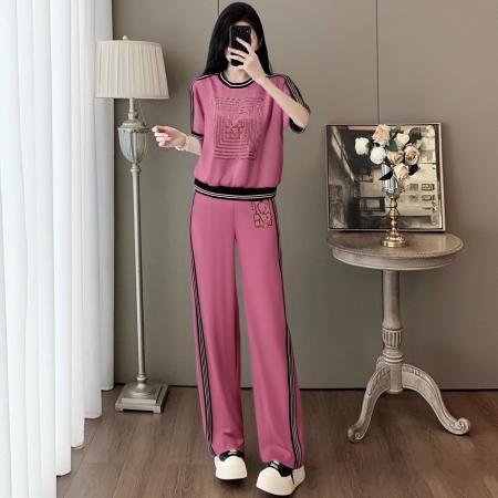 BY15345# 玫粉色时尚套装女夏新款设计感印花短袖时尚直筒裤穿搭一整套服裝批發女裝批發服飾貨源