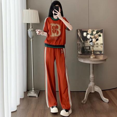 BY15346# 夏季轻奢炸街减龄烫金圆领五分袖条纹运动衫卫裤两件套装女服裝批發女裝批發服飾貨源
