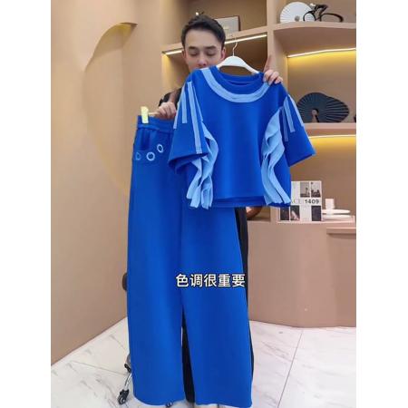 BY15349# 欧货休闲运动套装女夏季新款时尚洋气设计感撞色短袖两件套潮服裝批發女裝批發服飾貨源