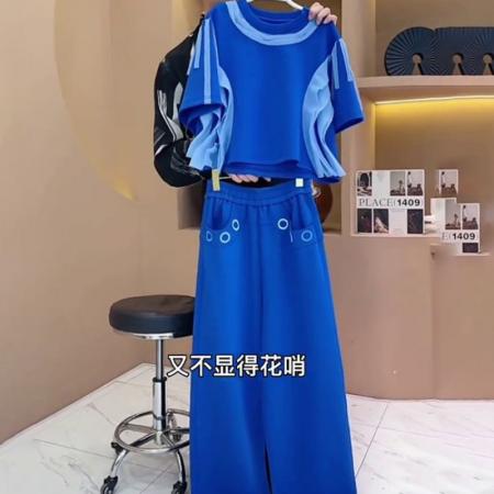 BY15349# 欧货休闲运动套装女夏季新款时尚洋气设计感撞色短袖两件套潮服裝批發女裝批發服飾貨源