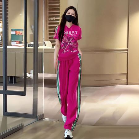 BY15350# 女士休闲服运动套装女春夏季新款粉色连帽宽松短袖T恤两件套服裝批發女裝批發服飾貨源