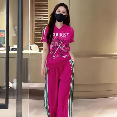 BY15350# 女士休闲服运动套装女春夏季新款粉色连帽宽松短袖T恤两件套服裝批發女裝批發服飾貨源