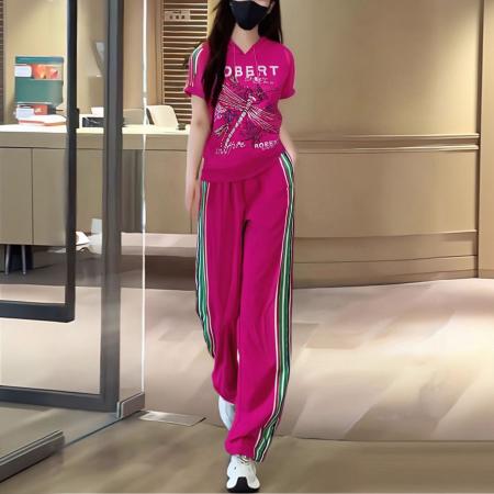 BY15350# 女士休闲服运动套装女春夏季新款粉色连帽宽松短袖T恤两件套服裝批發女裝批發服飾貨源