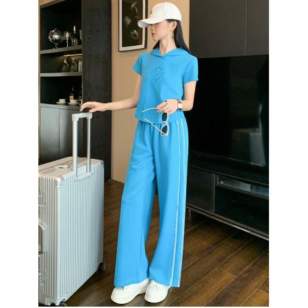 BY15351# 洋气炸街休闲运动套装女夏修身显瘦蓝色短袖上衣阔腿裤两件套服裝批發女裝批發服飾貨源