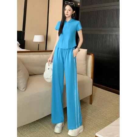 BY15351# 洋气炸街休闲运动套装女夏修身显瘦蓝色短袖上衣阔腿裤两件套服裝批發女裝批發服飾貨源
