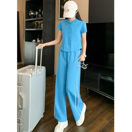 BY15351# 洋气炸街休闲运动套装女夏修身显瘦蓝色短袖上衣阔腿裤两件套服裝批發女裝批發服飾貨源