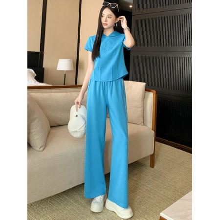 BY15351# 洋气炸街休闲运动套装女夏修身显瘦蓝色短袖上衣阔腿裤两件套服裝批發女裝批發服飾貨源