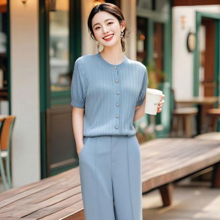 BY15352# 夏装搭配一整套轻熟高级感超好看蓝色短袖针织衫阔腿裤两件套装女服裝批發女裝批發服飾貨源