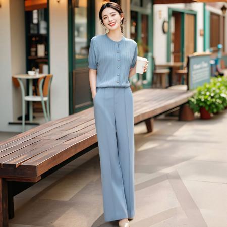 BY15352# 夏装搭配一整套轻熟高级感超好看蓝色短袖针织衫阔腿裤两件套装女服裝批發女裝批發服飾貨源