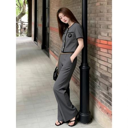 BY15353# 夏季高端韩版休闲时尚套装女显瘦灰色小香风短袖上衣阔腿裤两件套服裝批發女裝批發服飾貨源