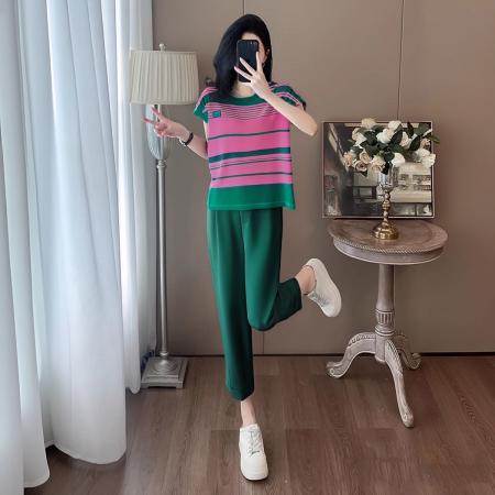BY15355# 今年流行时尚休闲套装女夏小个子洋气减龄微胖显瘦T恤直筒裤两件服裝批發女裝批發服飾貨源