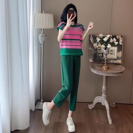 BY15355# 今年流行时尚休闲套装女夏小个子洋气减龄微胖显瘦T恤直筒裤两件服裝批發女裝批發服飾貨源