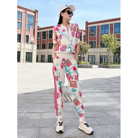 BY15357# 夏季时尚洋气时髦炸街高级感小个子印花拉链卫衣卫裤套装两件套女服裝批發女裝批發服飾貨源