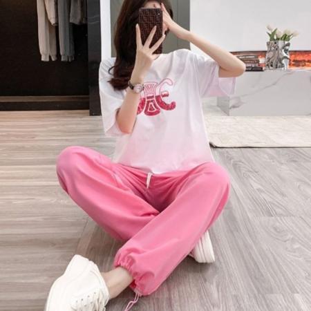 BY15358# 夏季新款女装时尚潮牌宽松休闲印花短袖白体t恤灯笼裤套装两件套服裝批發女裝批發服飾貨源