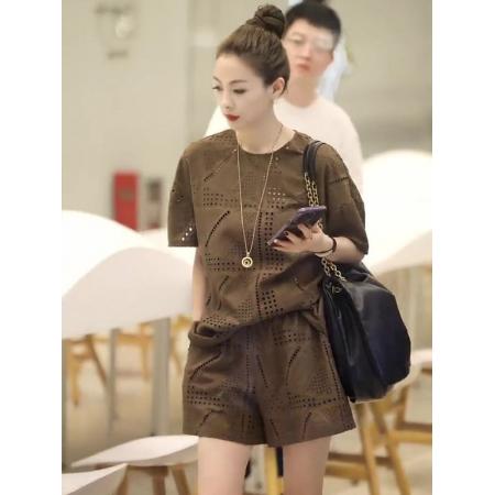 BY15359# 休闲套装女新款夏季宽松洋气镂空短袖T恤上衣时尚短裤两件套服裝批發女裝批發服飾貨源