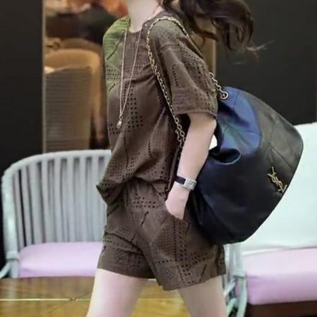 BY15359# 休闲套装女新款夏季宽松洋气镂空短袖T恤上衣时尚短裤两件套服裝批發女裝批發服飾貨源