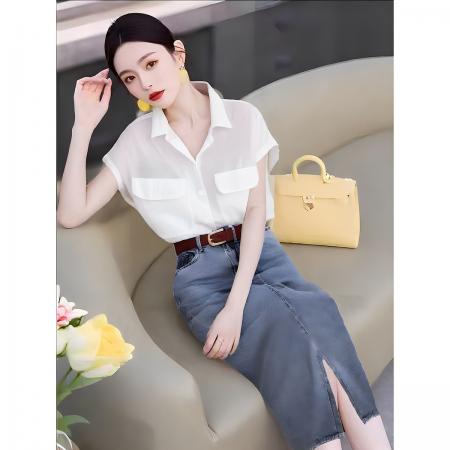 BY15360# 今年流行时尚炸街港风高级感网红减龄小香风衬衫牛仔半身裙套装夏服裝批發女裝批發服飾貨源