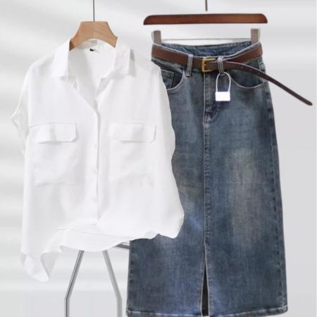 BY15360# 今年流行时尚炸街港风高级感网红减龄小香风衬衫牛仔半身裙套装夏服裝批發女裝批發服飾貨源