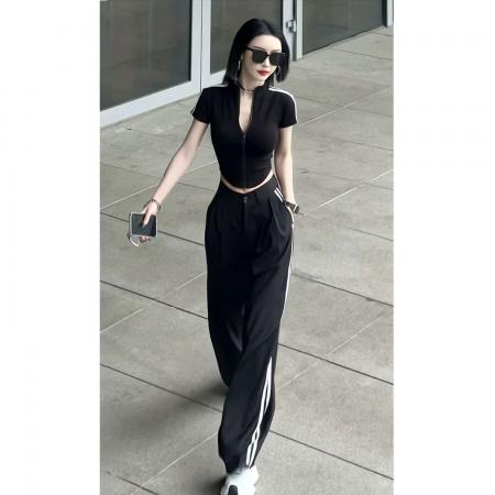 BY15361# 美式复古侧边杆条纹休闲裤女夏季款冰丝垂感薄款西装阔腿套装服裝批發女裝批發服飾貨源