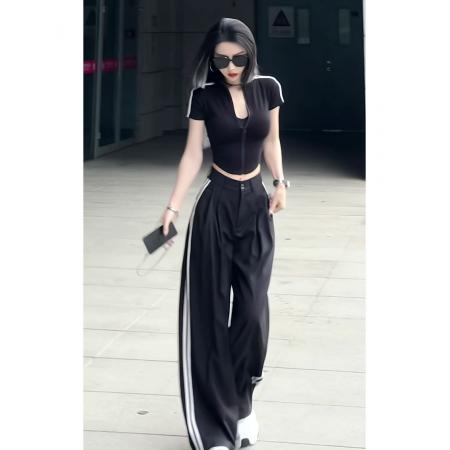 BY15361# 美式复古侧边杆条纹休闲裤女夏季款冰丝垂感薄款西装阔腿套装服裝批發女裝批發服飾貨源