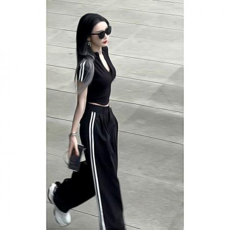 BY15361# 美式复古侧边杆条纹休闲裤女夏季款冰丝垂感薄款西装阔腿套装服裝批發女裝批發服飾貨源