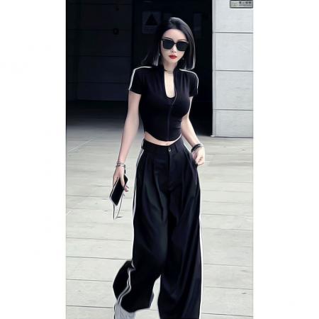 BY15361# 美式复古侧边杆条纹休闲裤女夏季款冰丝垂感薄款西装阔腿套装服裝批發女裝批發服飾貨源