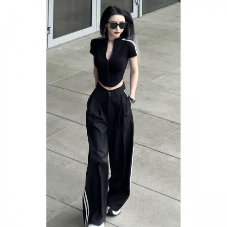 BY15361# 美式复古侧边杆条纹休闲裤女夏季款冰丝垂感薄款西装阔腿套装服裝批發女裝批發服飾貨源