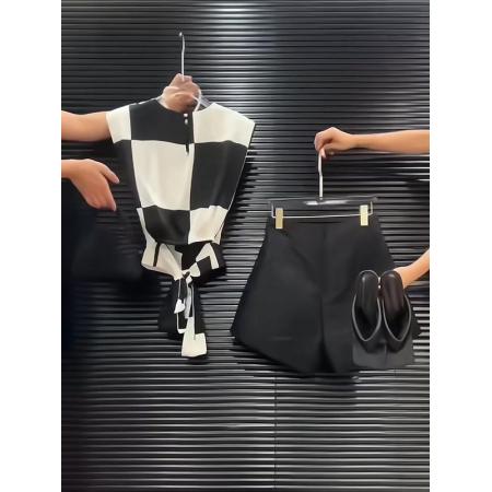 BY15362# 时尚套装女夏季新款黑白拼色棋盘格褶皱上衣配阔腿短款两件套服裝批發女裝批發服飾貨源
