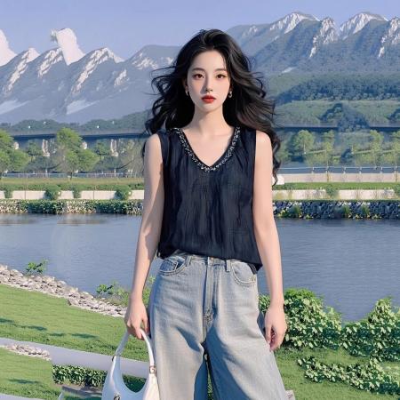 BY15364# 欧货新款春夏季舒适宽松黑色亮片褶皱设计圆领百搭短袖T恤女服裝批發女裝批發服飾貨源