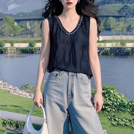 BY15364# 欧货新款春夏季舒适宽松黑色亮片褶皱设计圆领百搭短袖T恤女服裝批發女裝批發服飾貨源