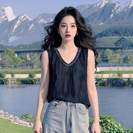 BY15364# 欧货新款春夏季舒适宽松黑色亮片褶皱设计圆领百搭短袖T恤女服裝批發女裝批發服飾貨源