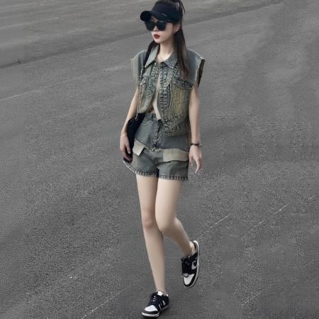 BY15366# 夏季新款成套搭配时尚马甲短裤套装女高档显瘦大码宽松休闲两件套服裝批發女裝批發服飾貨源