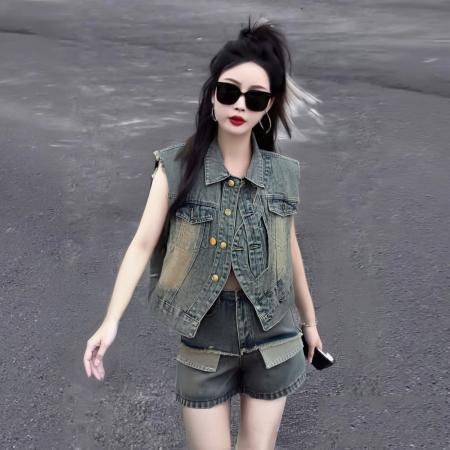 BY15366# 夏季新款成套搭配时尚马甲短裤套装女高档显瘦大码宽松休闲两件套服裝批發女裝批發服飾貨源