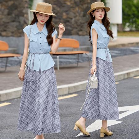 BY15367# 野餐名媛风收腰衬衫格纹半身裙女夏新款显瘦气质通勤两件套装服裝批發女裝批發服飾貨源