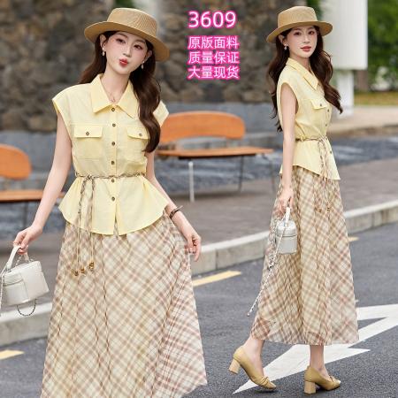 BY15367# 野餐名媛风收腰衬衫格纹半身裙女夏新款显瘦气质通勤两件套装服裝批發女裝批發服飾貨源