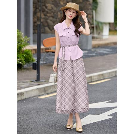 BY15367# 野餐名媛风收腰衬衫格纹半身裙女夏新款显瘦气质通勤两件套装服裝批發女裝批發服飾貨源