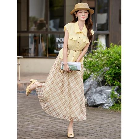 BY15367# 野餐名媛风收腰衬衫格纹半身裙女夏新款显瘦气质通勤两件套装服裝批發女裝批發服飾貨源