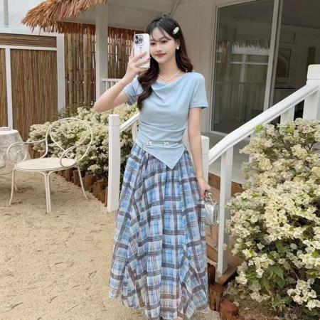 BY15368# 温柔风荡领上衣格纹半身裙女两件套夏季新款减龄时尚休闲套装服裝批發女裝批發服飾貨源