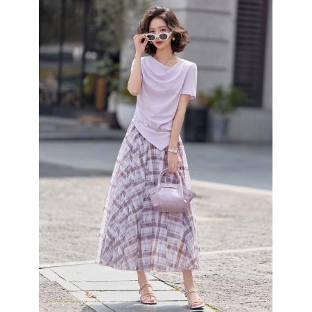 BY15368# 温柔风荡领上衣格纹半身裙女两件套夏季新款减龄时尚休闲套装服裝批發女裝批發服飾貨源